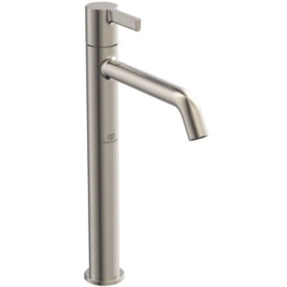 Ein Standventil in silberner Farbe, hergestellt von Ideal Standard, mit moderner Form und einem langen Auslauf für die Verwendung in Badezimmern oder Küchen.